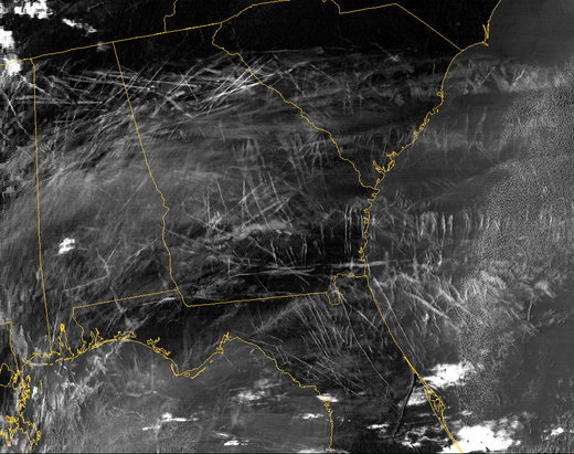 Contrails over the southeastern US sky.