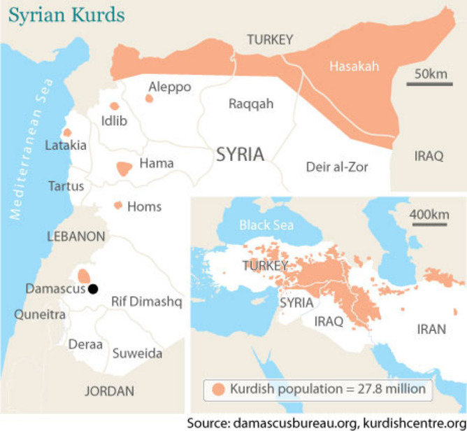 Map of Kurdish regions in Syria