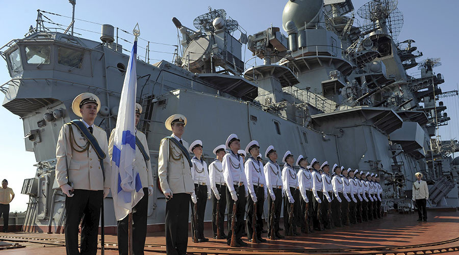 Russia's nuclear-powered missile cruiser Pyotr Veliky navy sailors at Syria's Mediterranean port of Tartus
