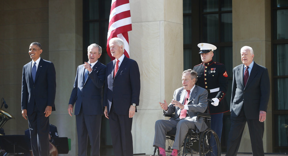 obama, bush jr, bill clinton, and bush senior all together