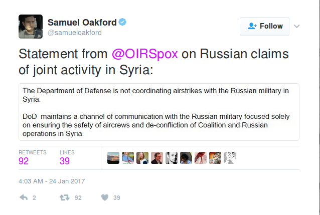 DoD statement on coordinating airstrikes with Russia