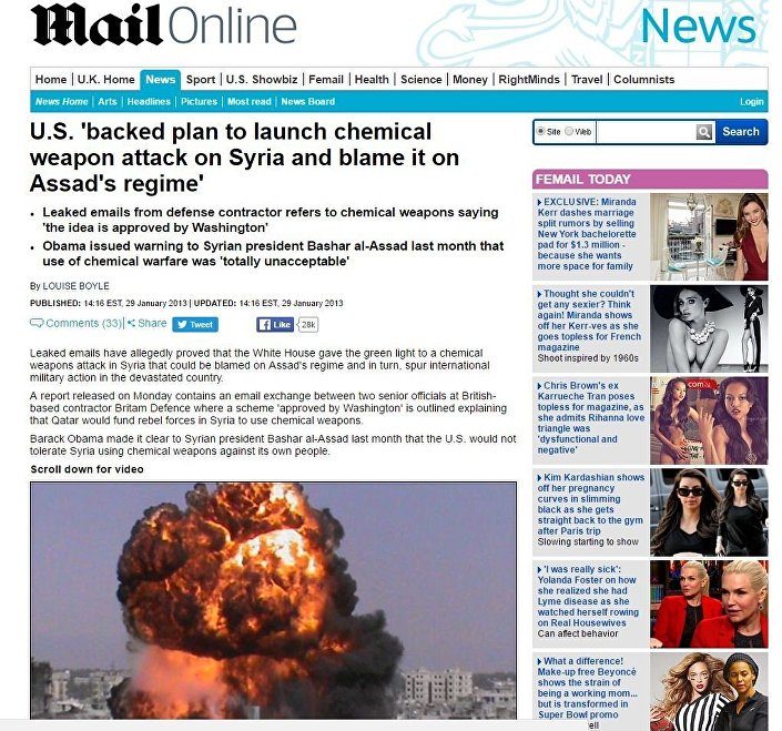 Daily Mail 2013 article US backed plan to launch chemical weapon attack on syria and blame it on assad's regime