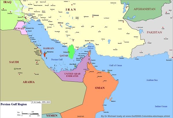 Nhấn để phóng to The map shows Qatar having moved from the Arab coast of the Gulf to the Persian one