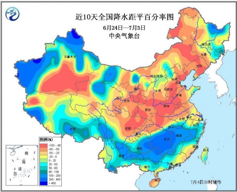 Rainfall anomaly in China from 24 June to 04 July, 2017.