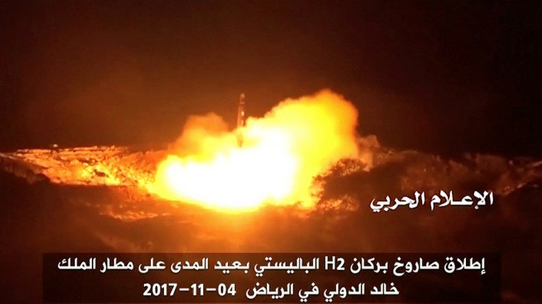 A still image taken from a video distributed by Yemen's pro-Houthi Al Masirah television station on November 5, 2017, shows what it says was the launch by Houthi forces of a ballistic missile aimed at Riyadh's King Khaled Airport on Saturday