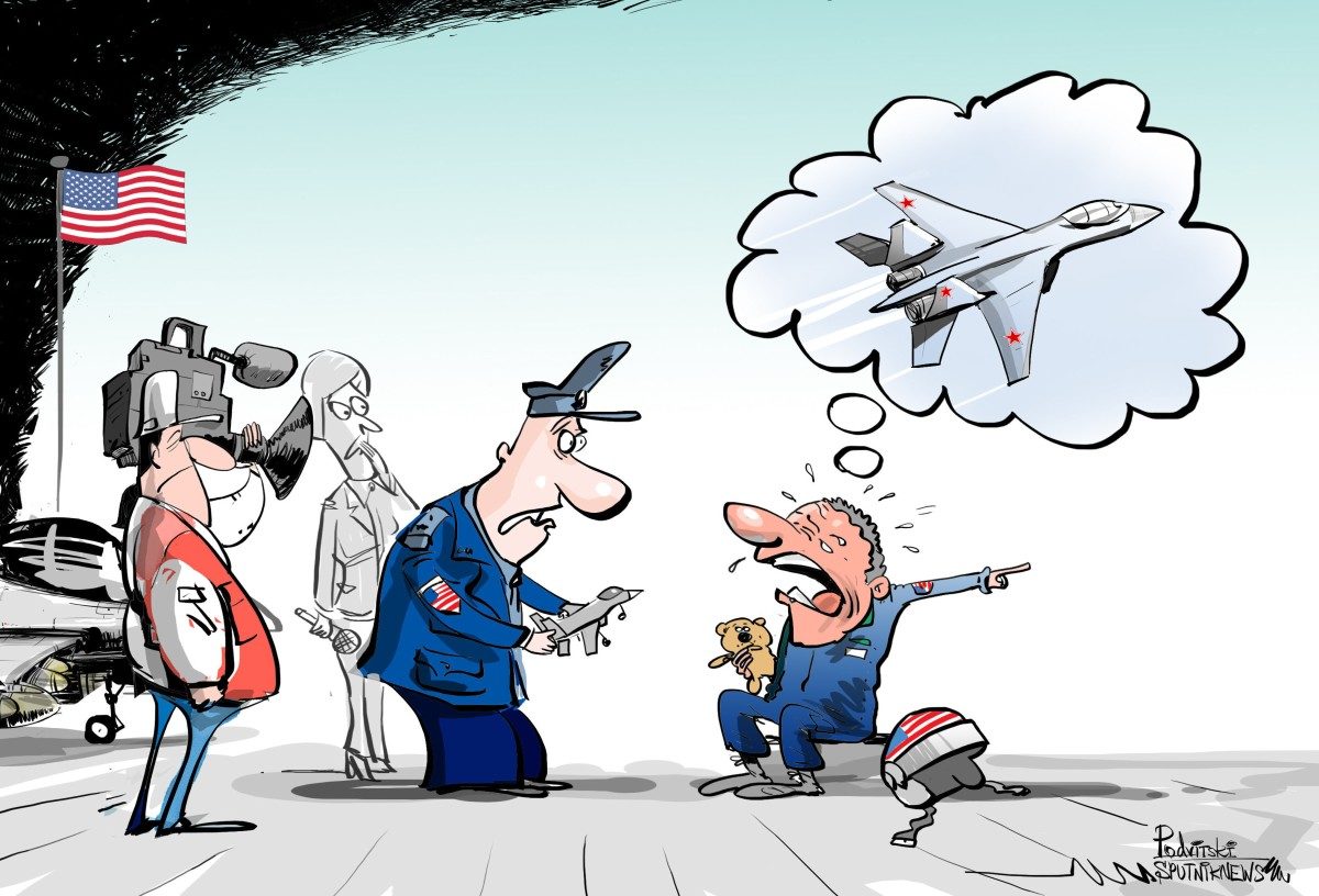 Cartoon American pilot crying after being intercepted by Russians