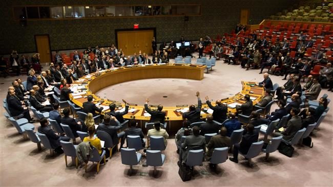 Members of the Security Council vote during a United Nations Security Council meeting