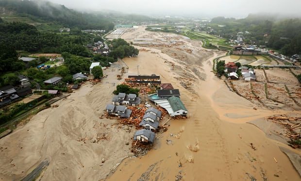 An aerial view of the flooded Asakura City, Japan