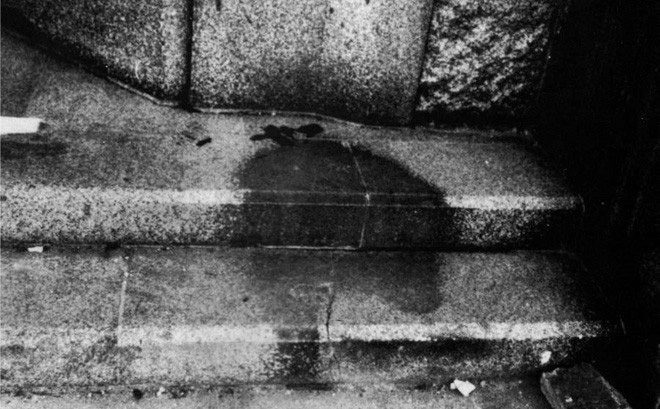 Human Shadow etched in stone hiroshima 1945