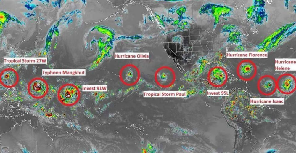 Satellite photo showing nine concurrent storms 13 Sept 2018