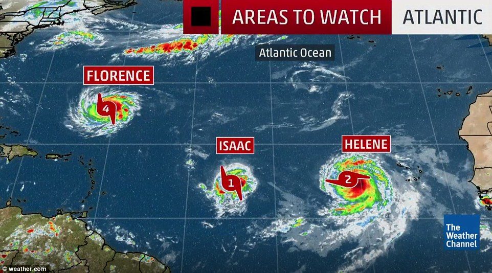 Three storms in Atlantic 13 Sept 2018 Florence Isaac Helene