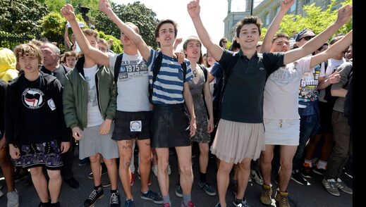 Nantes, France. High school students participating in 'skirt day'.